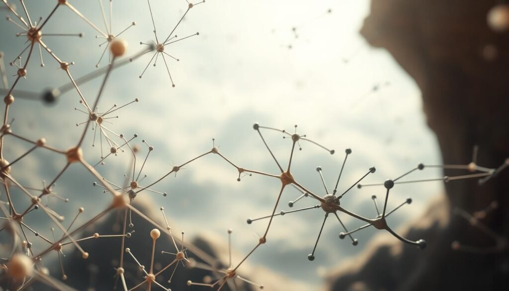 A complex interconnected system composed of fragile yet resilient parts, surrounded by a hazy, ethereal atmosphere. In the foreground, delicate filaments and structures intertwine, seemingly fragile but possessing an inherent adaptability. The middle ground reveals a intricate web of nodes and pathways, each element contributing to the overall system's strength. In the background, a blurred landscape of shifting shapes and textures, symbolizing the unpredictable forces that the system must withstand. Soft, diffused lighting illuminates the scene, creating a sense of balance between order and chaos. The composition conveys the idea that systems can be antifragile, deriving their strength from the very fragility of their parts.