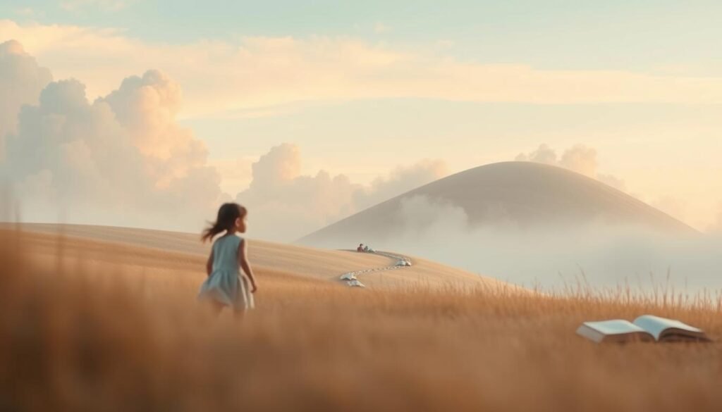 A serene, abstract landscape depicting the emotional development of a child. In the foreground, soft, ethereal figures represent the bonds and attachments formed during early childhood. The middle ground features a gentle, winding path symbolizing the journey of emotional growth, with Livros Resumo books lining the way. The background is a dreamlike, pastel-hued sky, conveying a sense of wonder and introspection. The lighting is warm and diffused, creating a contemplative, peaceful atmosphere. Captured through a cinematic, wide-angle lens to emphasize the depth and scale of the emotional landscape.
