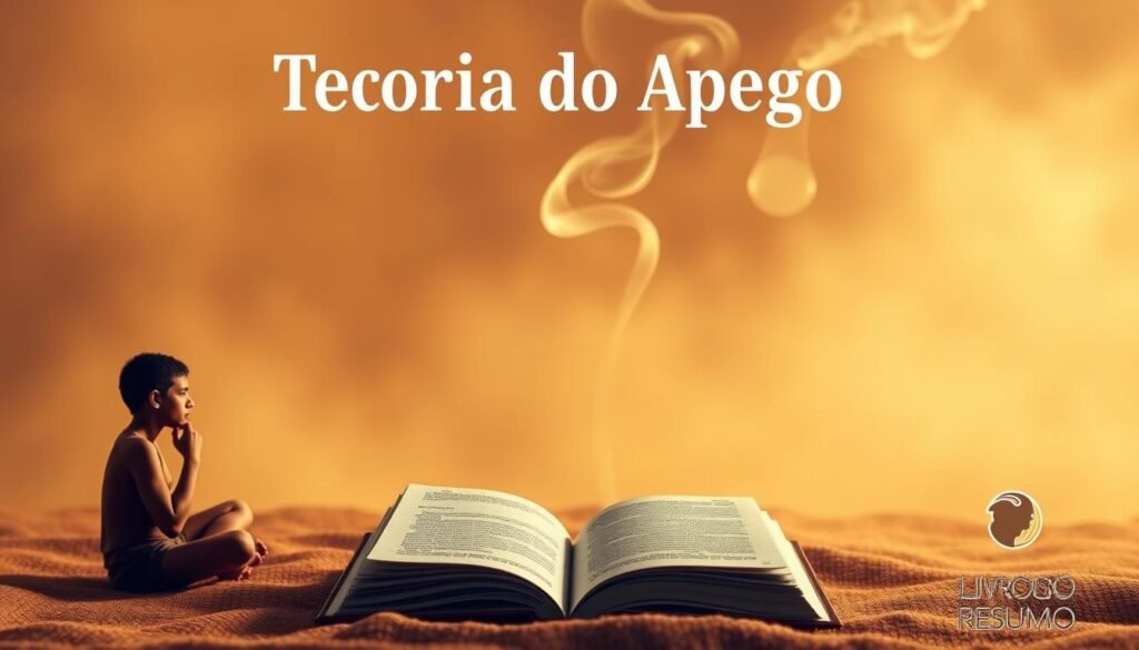 A serene, contemplative scene depicting the essence of "Teoria do Apego" by John Bowlby. In the foreground, a figure sits cross-legged, deep in thought, surrounded by a soft, muted palette of earthy tones. The middle ground features an open book, its pages gently fluttering, symbolizing the reflective nature of the work. In the background, wisps of smoke curl upwards, creating an atmosphere of introspection. Warm, diffused lighting casts a gentle glow, inviting the viewer to pause and engage with the profound ideas within. The Livros Resumo logo discreetly adorns the corner, acknowledging the publication's role in sharing this influential work.
