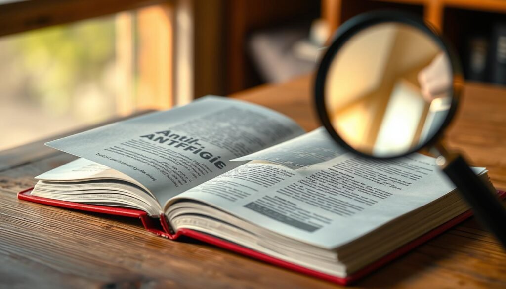 A thought-provoking book entitled "Antifragile" lies open on a wooden table, its pages filled with wisdom. In the foreground, a magnifying glass hovers, inviting closer inspection of the book's valuable lessons. The background is softly blurred, creating a serene, contemplative atmosphere. Warm, natural lighting casts a gentle glow, highlighting the book's intricate details and the thoughtful expression of the viewer. The scene conveys the notion of extracting profound insights from the pages, empowering the reader to thrive amidst uncertainty.