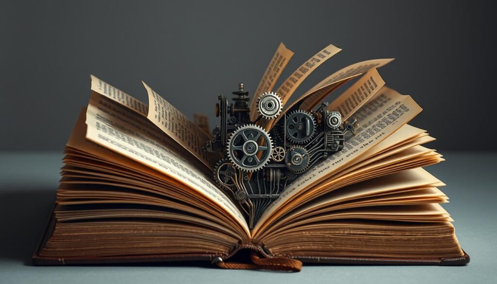 An intricate book structure, the spine unfurling, pages fluttering, revealing its inner workings - gears, mechanisms, and circuits intertwined, a symphony of knowledge. Soft, muted lighting illuminates the delicate metallic components, creating a sense of awe and wonder. Angles shift, capturing the complexity of this "Antifragile" tome, a guide to thriving in uncertain times. Textures of leather, parchment, and steel blend seamlessly, inviting the viewer to explore the depths of this captivating literary artifact.